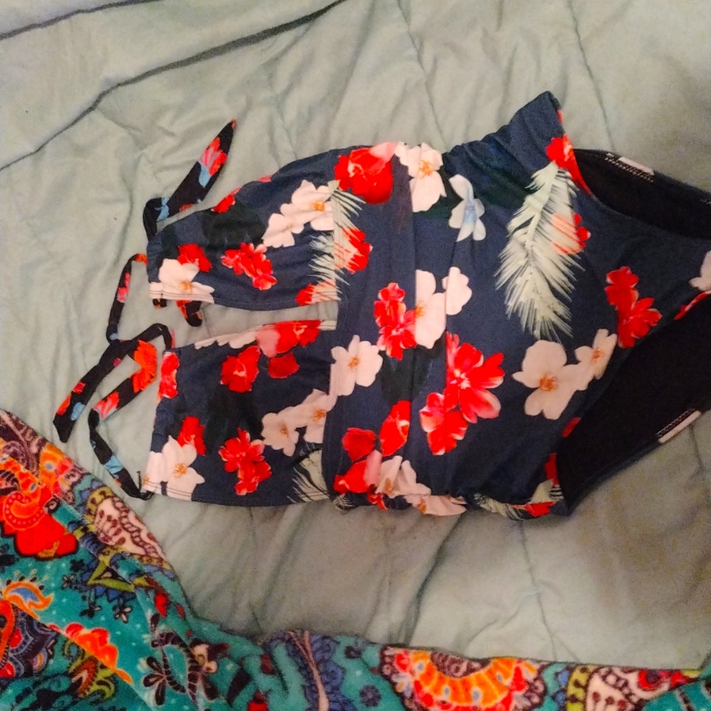 floral one piece open back sexy bathing suit perfect for Mom bods halter top